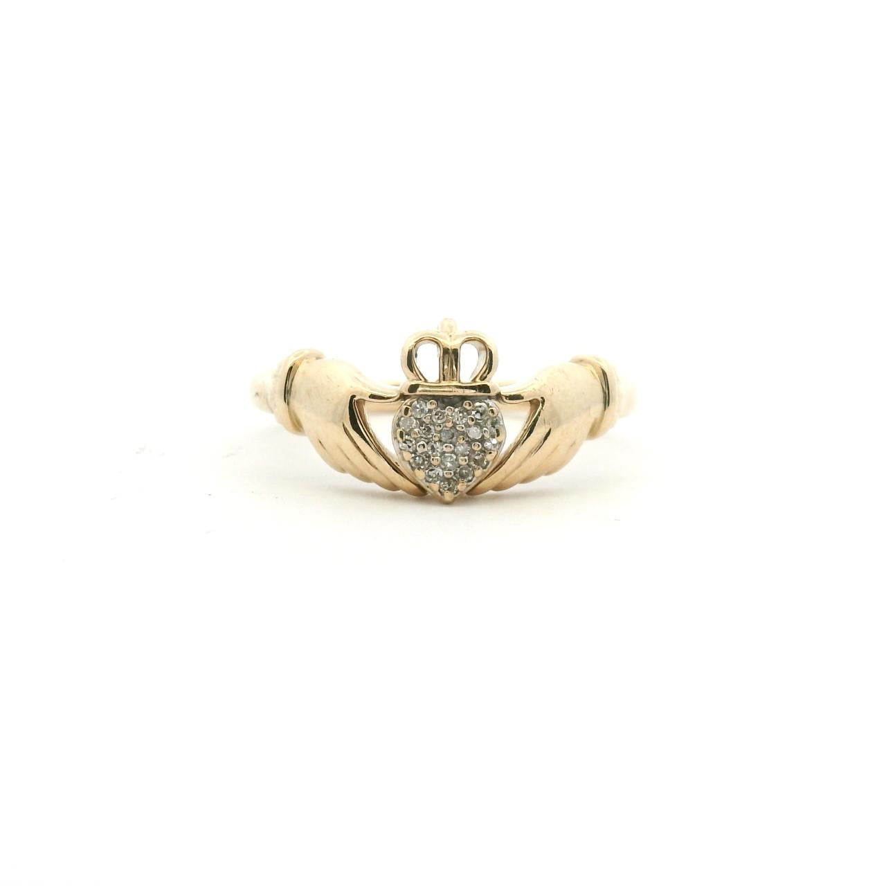 Estate 9ct Yellow Gold Diamond Claddagh Ring