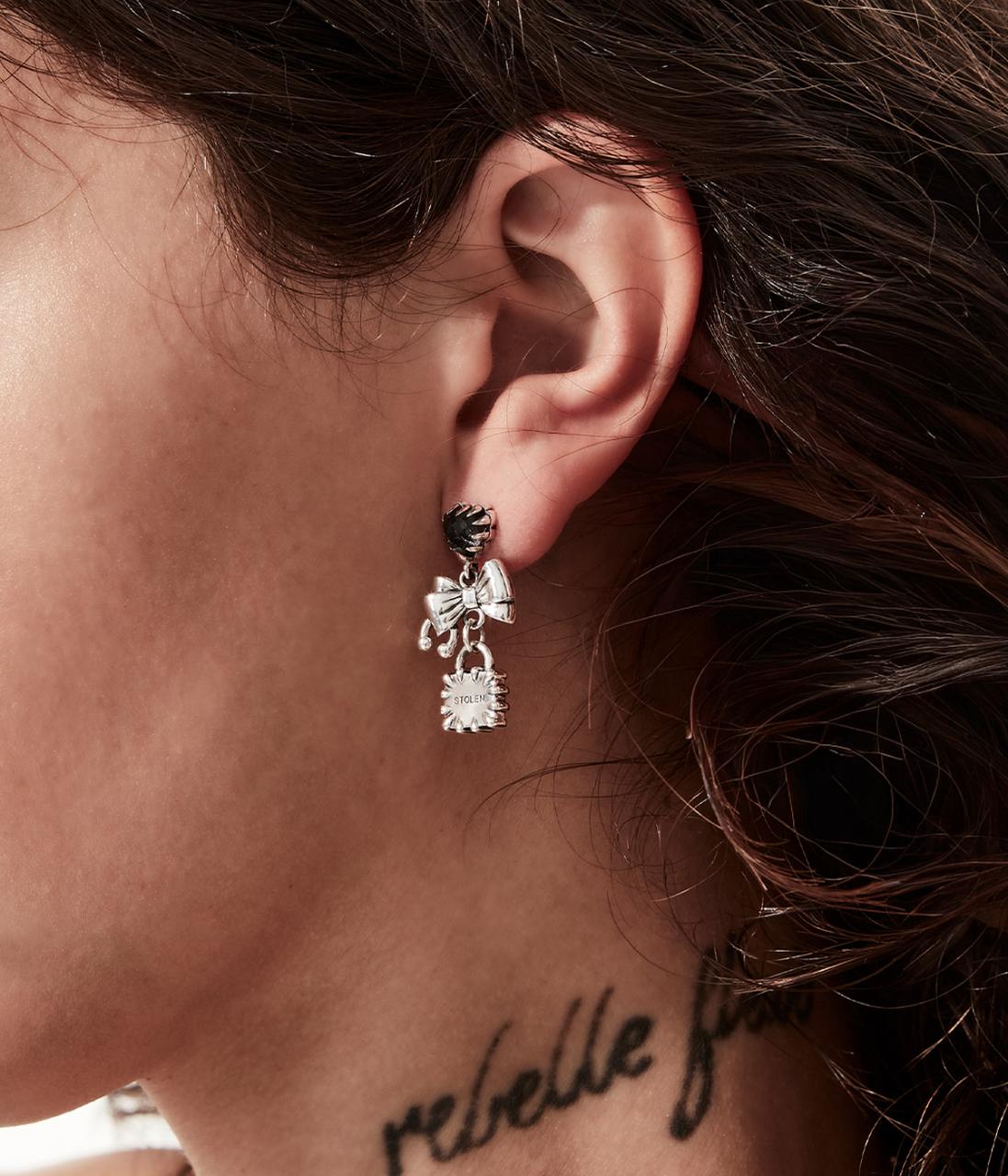 Stolen Girlfriends Club Sterling Silver Love Locked Clear Quartz Bow Stud Drop Earrings