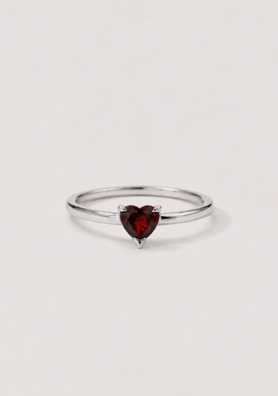 Sterling Silver Garnet Heart Solitaire Ring