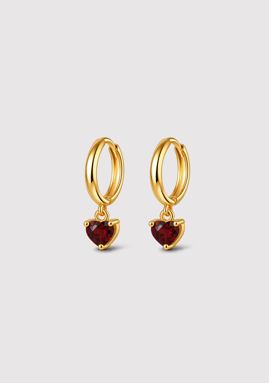 9ct Yellow Gold Garnet Heart Hoop Earrings