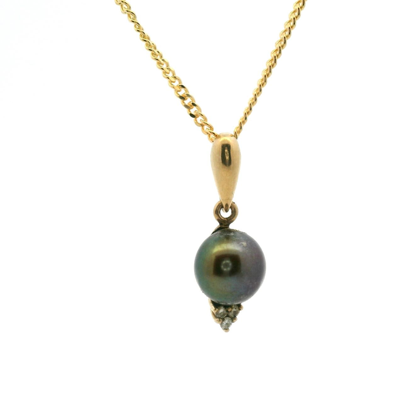 Estate 9ct Yellow Gold Black Pearl & Diamond Pendant
