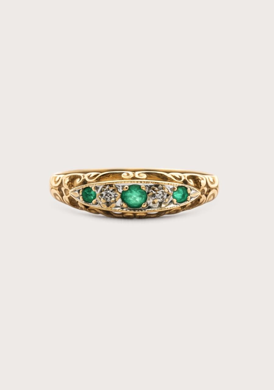 Estate 9ct Yellow Gold Emerald & Diamond Bridge Ring Ring Size: N Weight: 1.59g