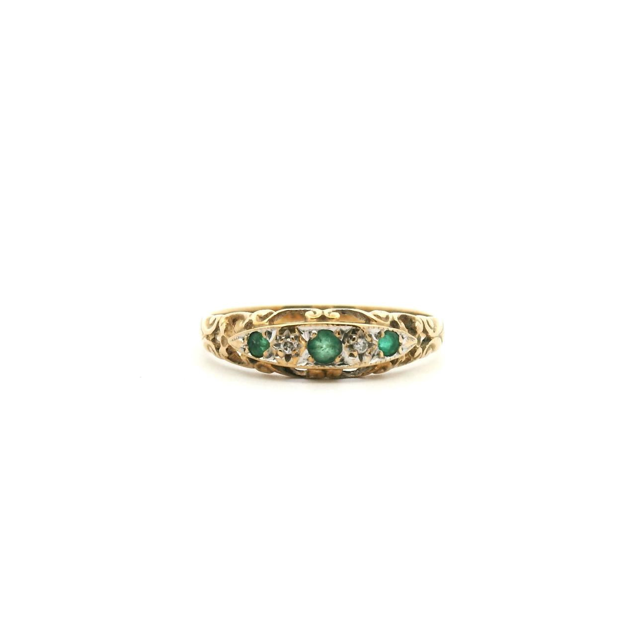 Estate 9ct Yellow Gold Emerald & Diamond Bridge Ring Ring Size: N Weight: 1.59g