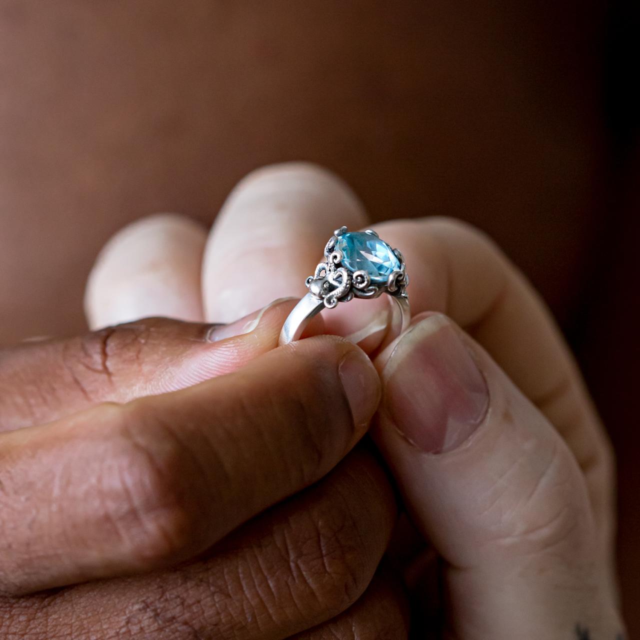 Nick Von K Sterling Silver Blue Topaz Twin Octopus Ring