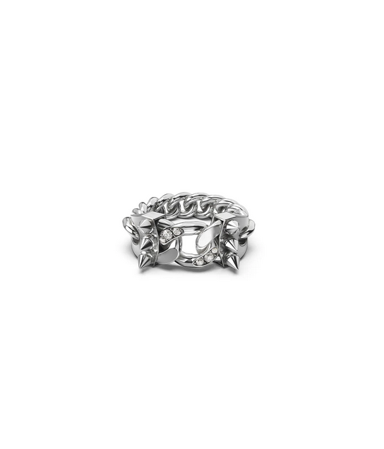Stolen Girlfriends Club Sterling Silver Spiked Chain Ring with Clear Quartz Ring Size: Q