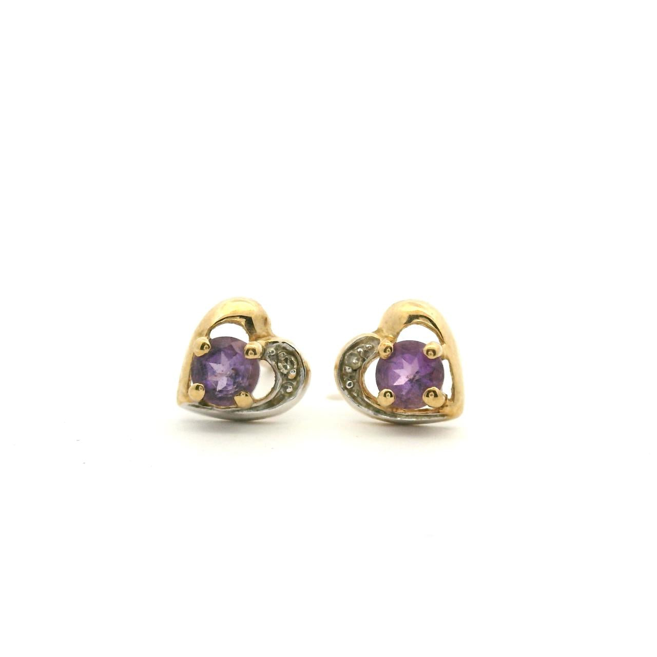 Estate 9ct Yellow Gold Heart Amethyst & Diamond Stud Earrings