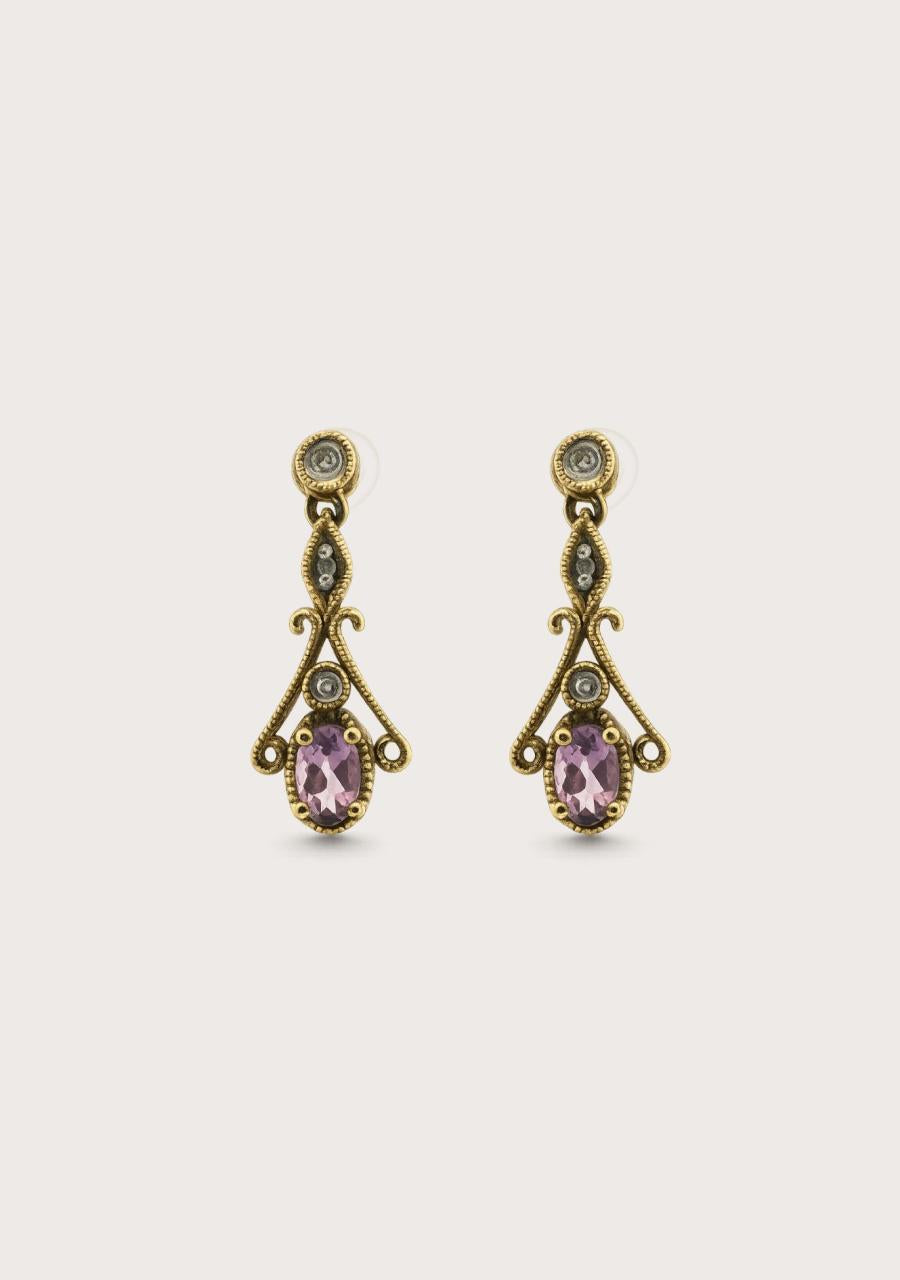 Estate 9ct Yellow Gold Amethyst & Diamond Drop Stud Earrings