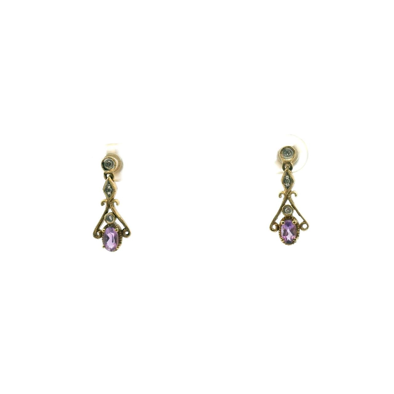 Estate 9ct Yellow Gold Amethyst & Diamond Drop Stud Earrings