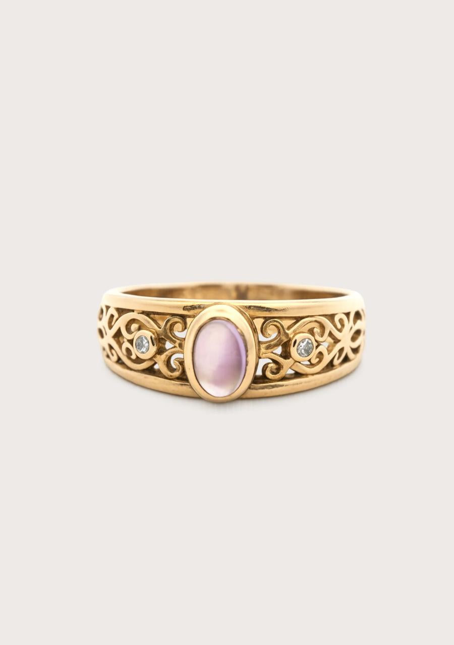 Estate 9ct Yellow Gold Amethyst & Diamond Filigree Band