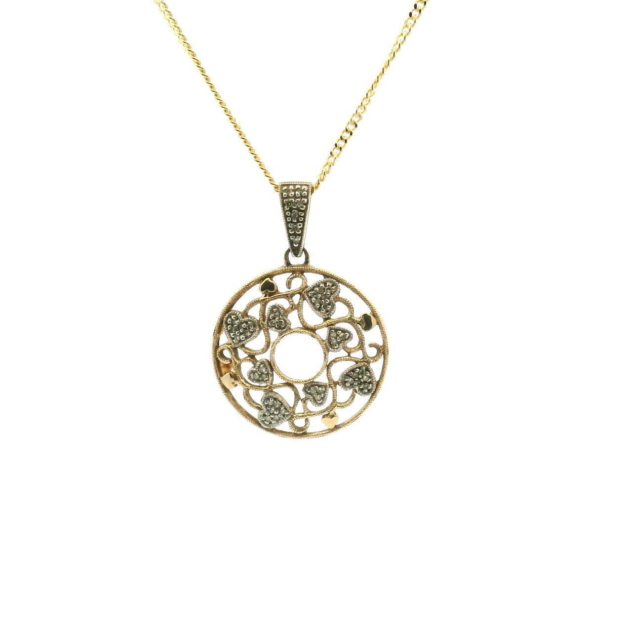 Estate 9ct Yellow Gold Openwork Heart Filigree Diamond Circled Pendant