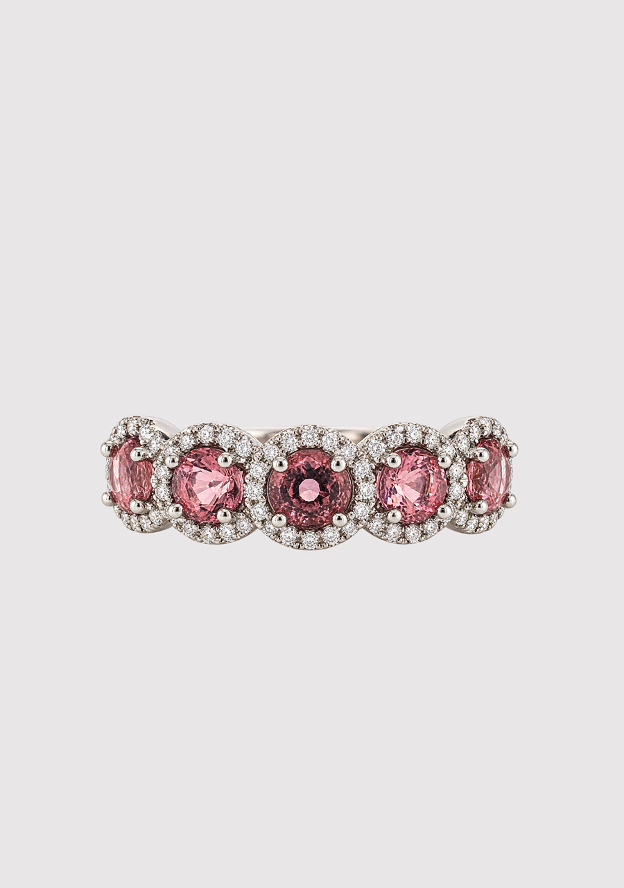 Pink Tourmaline & Diamond Platinum Five Round Stone Halo Ring