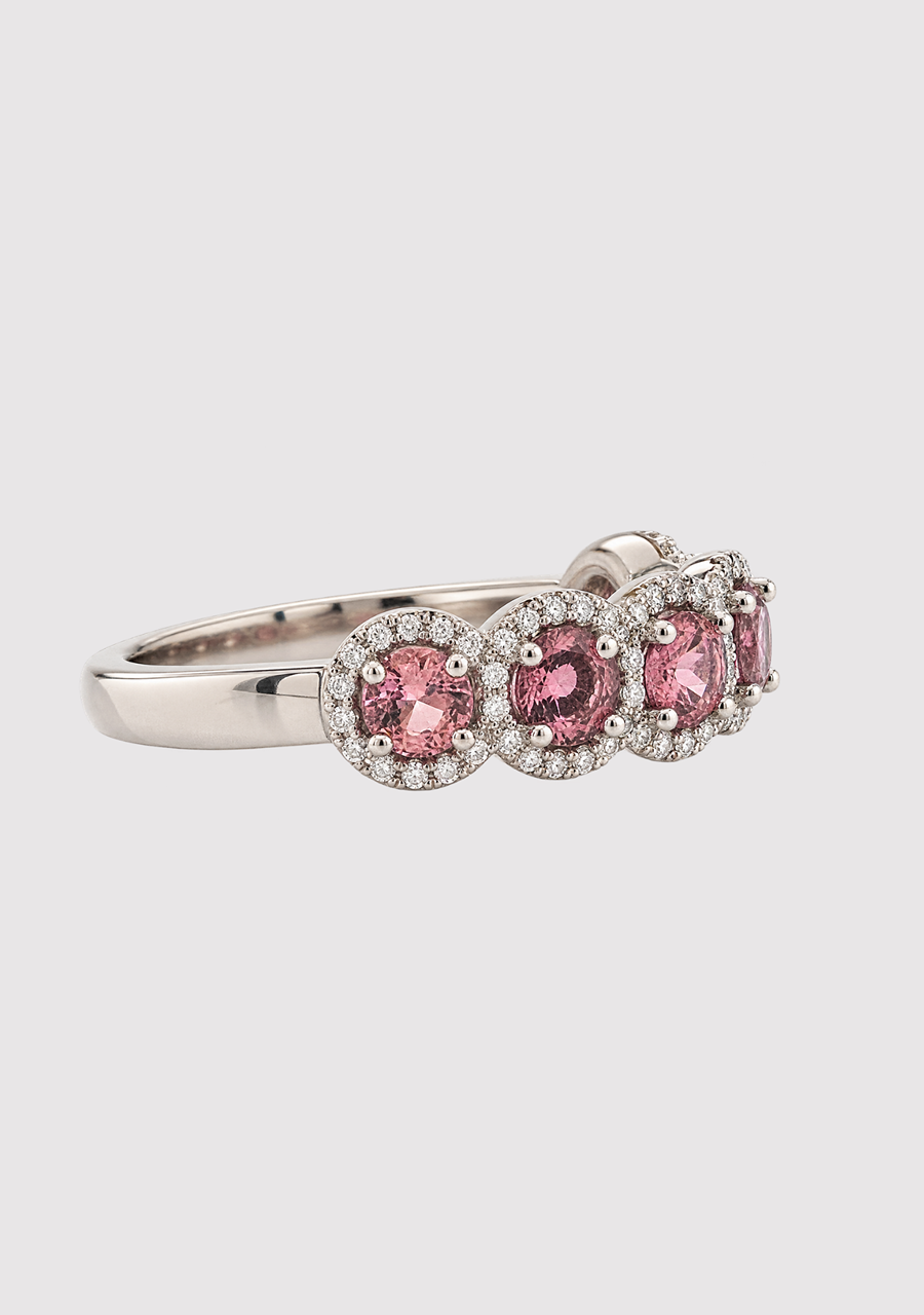 Pink Tourmaline & Diamond Platinum Five Round Stone Halo Ring