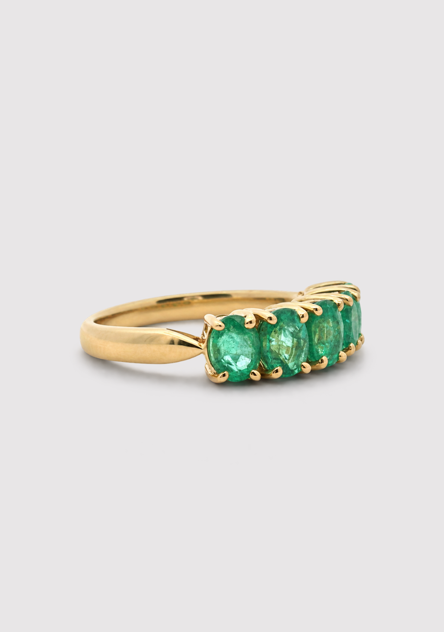 9ct Yellow Gold Oval Colombian Emerald Five Stone Ring