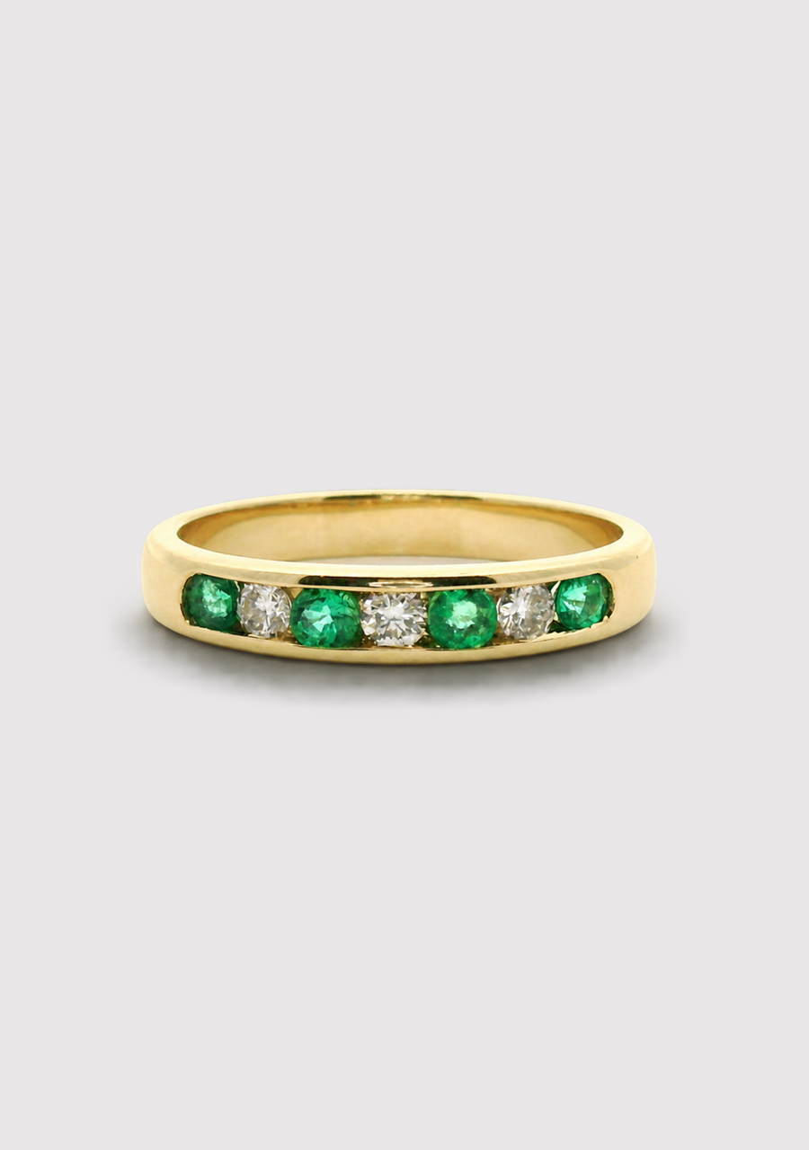 9ct Yellow Gold Colombian Emerald & Diamond Channel Set Ring