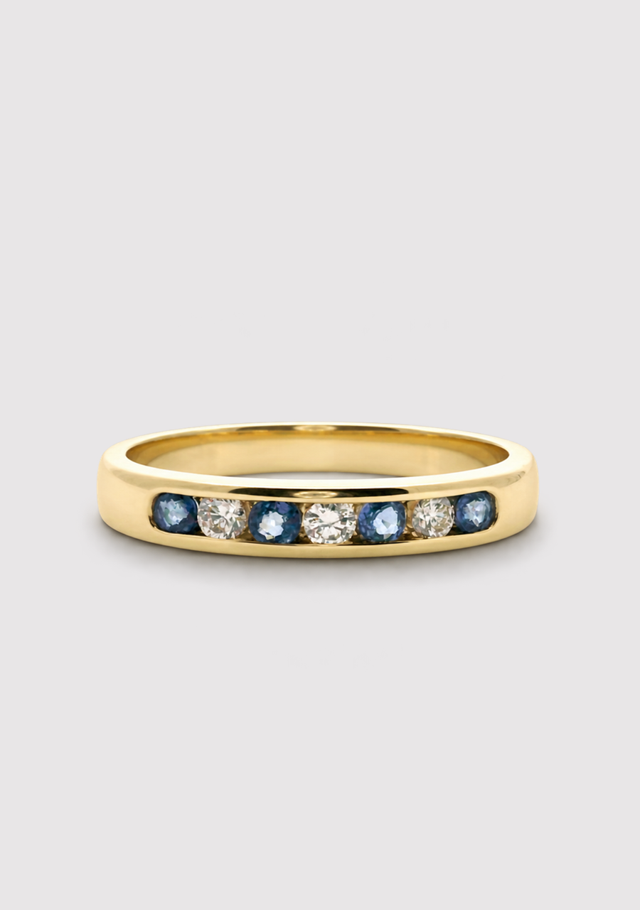 9ct Yellow Gold Ceylonese Sapphire & Diamond Channel Set Ring
