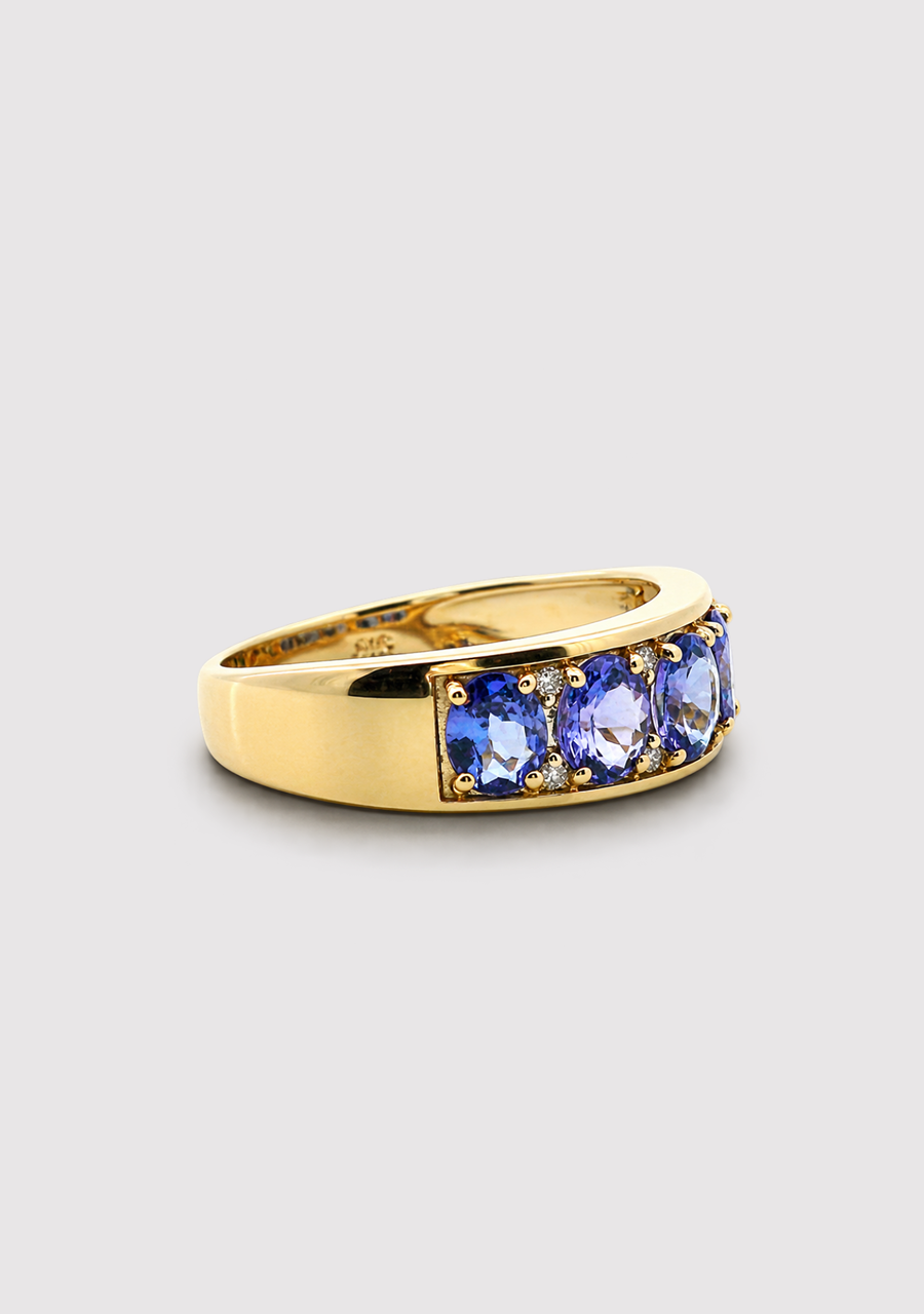 9ct Yellow Gold Tanzanite & Diamond Wide Band Ring