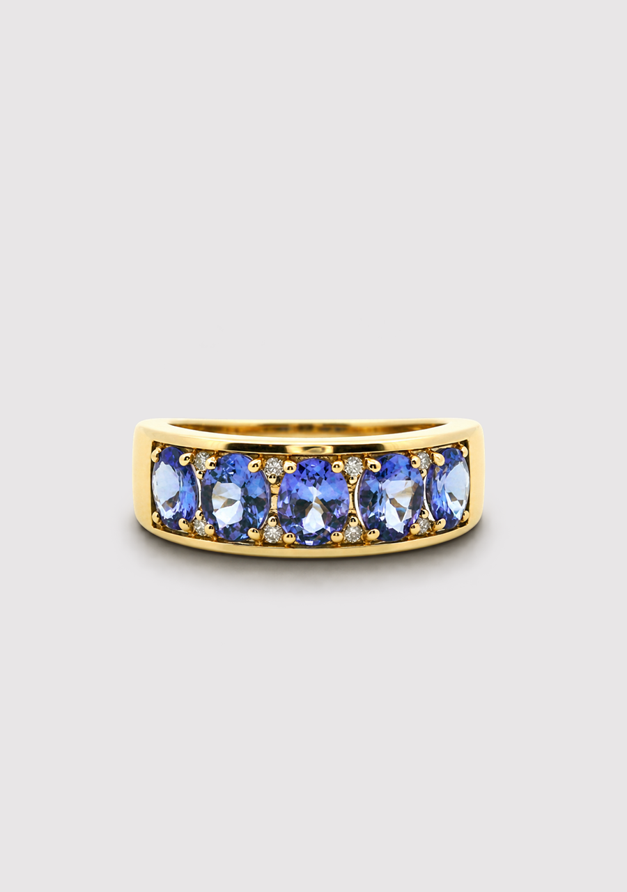 9ct Yellow Gold Tanzanite & Diamond Wide Band Ring