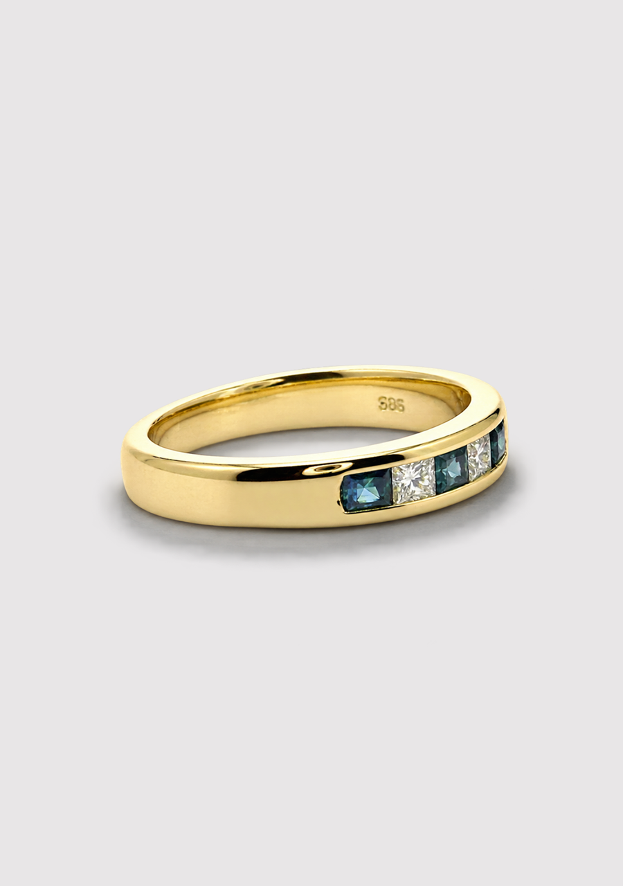 9ct Yellow Gold Princess Cut Sapphire & Diamond Channel Set Ring