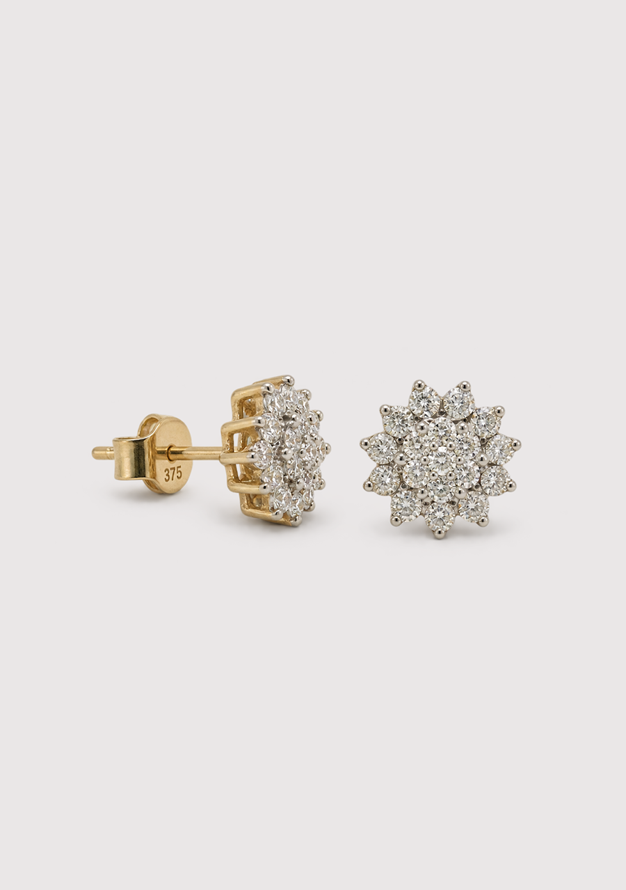 9ct Yellow Gold Diamond Flower Cluster Stud Earrings