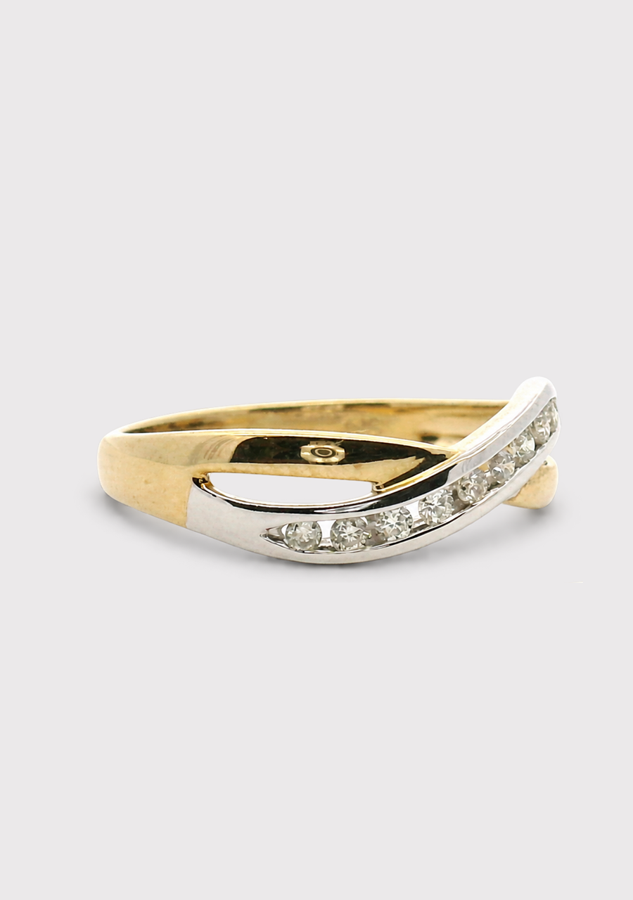 9ct Yellow & White Gold Diamond Cross Over Channel Set Ring
