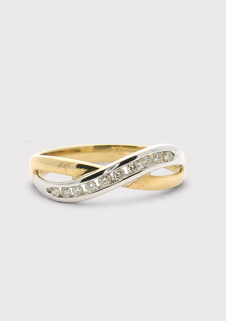 9ct Yellow & White Gold Diamond Cross Over Channel Set Ring