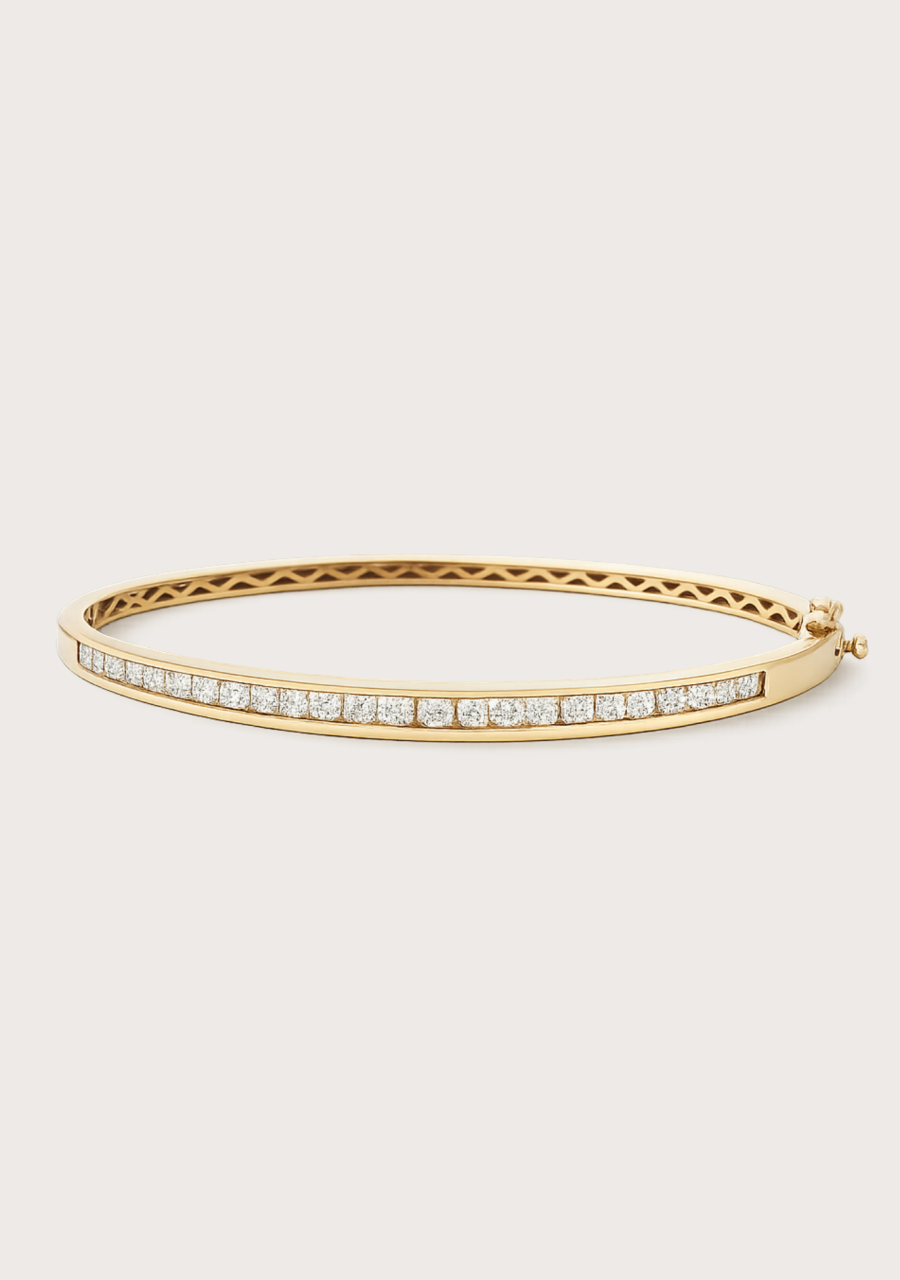 Estate 10ct Yellow Gold Diamond Channel Set Hinged Oval Bangle with Safety Latch