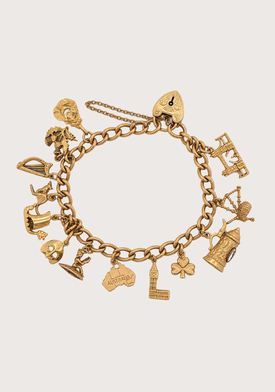 Estate 9ct Yellow Gold Curb Link Charm Bracelet
