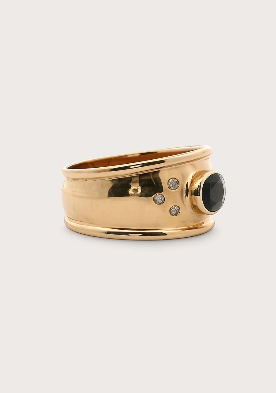 Estate 9ct Yellow Gold Wide Dome Sapphire & Diamond Bezel & Punch Set Ring
