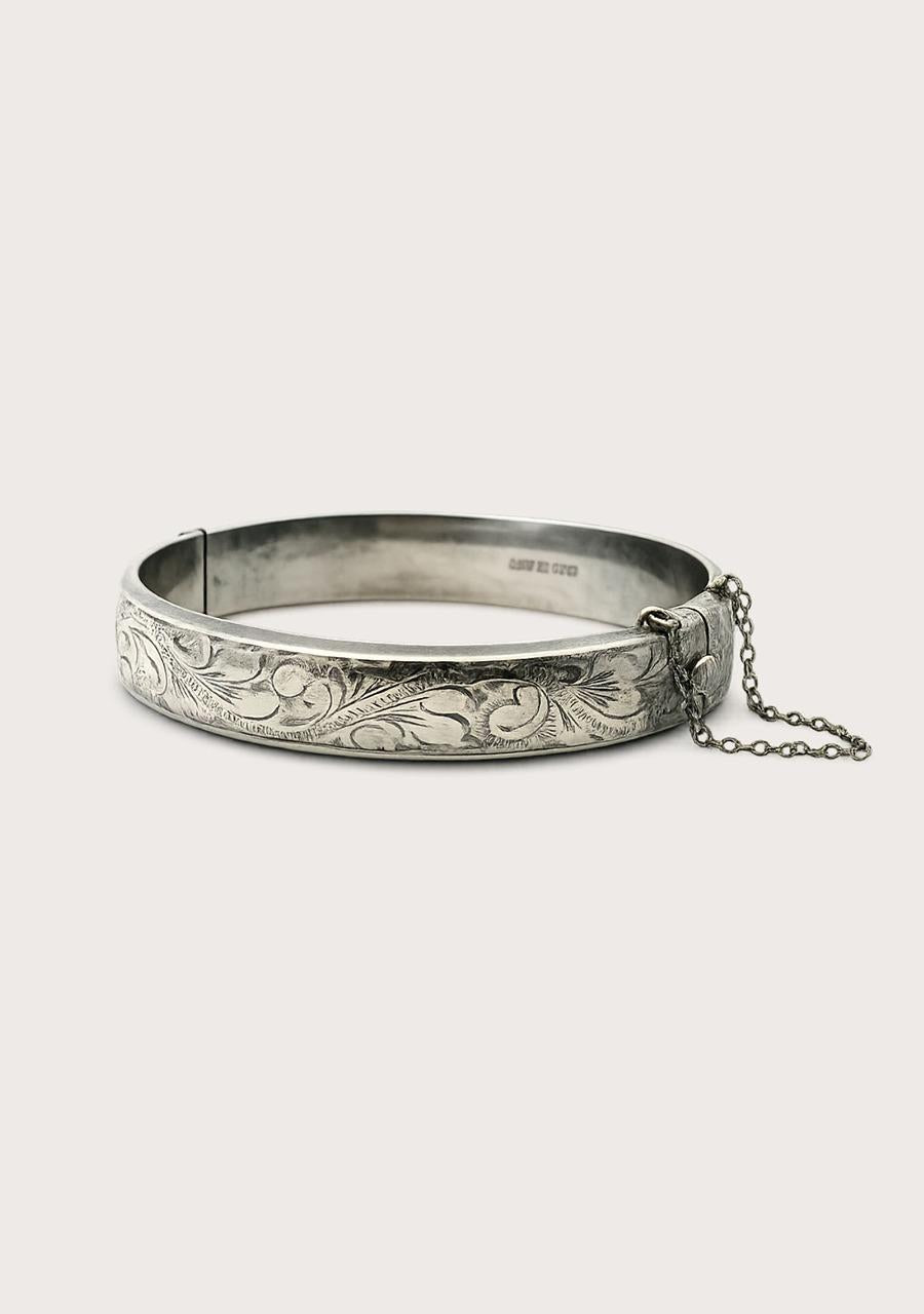 Estate Sterling Silver Hollow Hinged Engraved Bangle