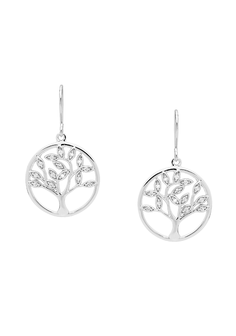 Ellani Sterling Silver 15mm Tree of Life Hook Earrings with White Cubic Zirconia
