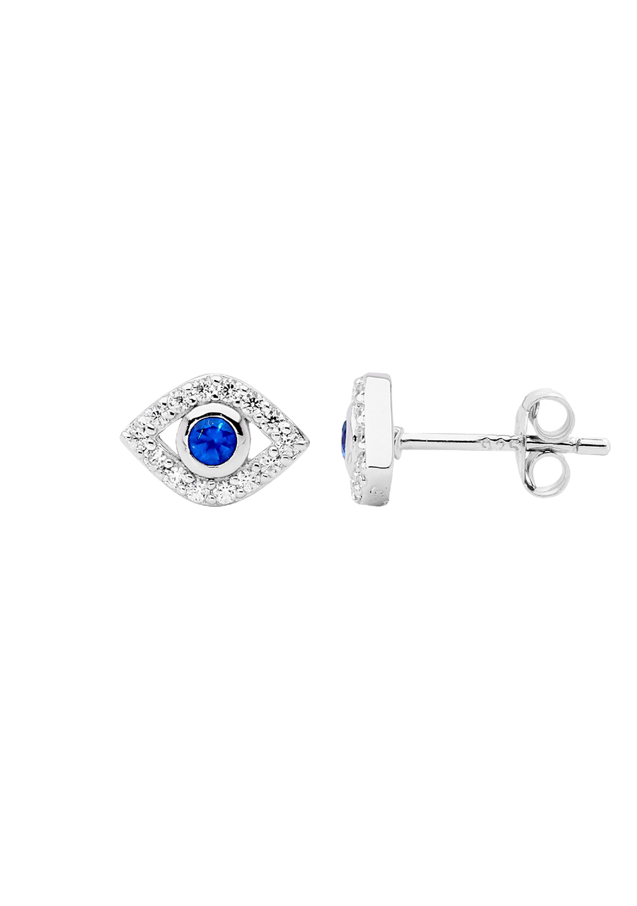 Ellani Sterling Silver White & Blue Cubic Zirconia Bezel Set Evil Eye Stud Earrings
