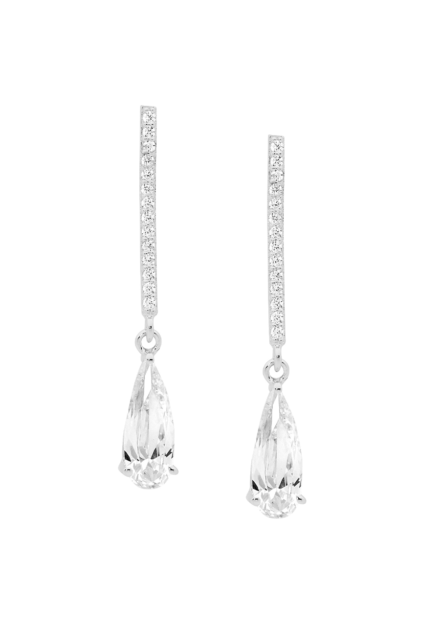 Ellani Sterling Silver White Cubic Zirconia Tear Drop Bar Earrings