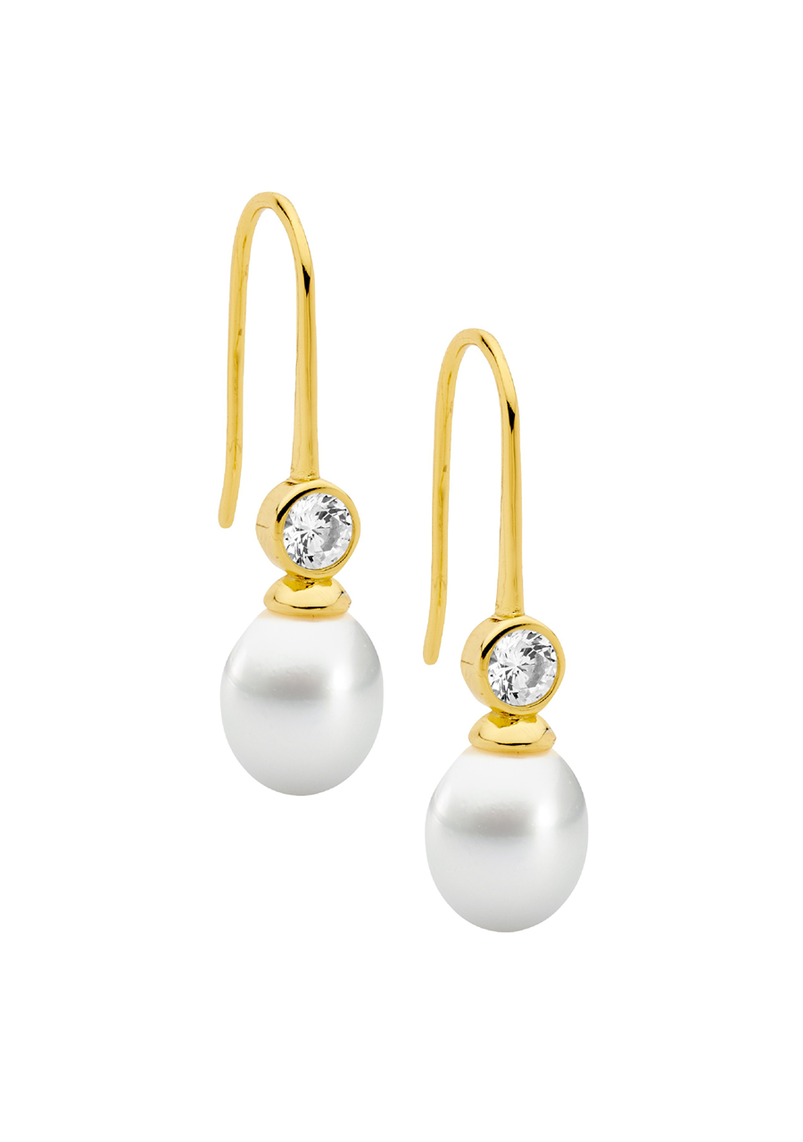 Ellani Yellow Gold Plated Cubic Zirconia & Freshwater Pearl Hook Earrings
