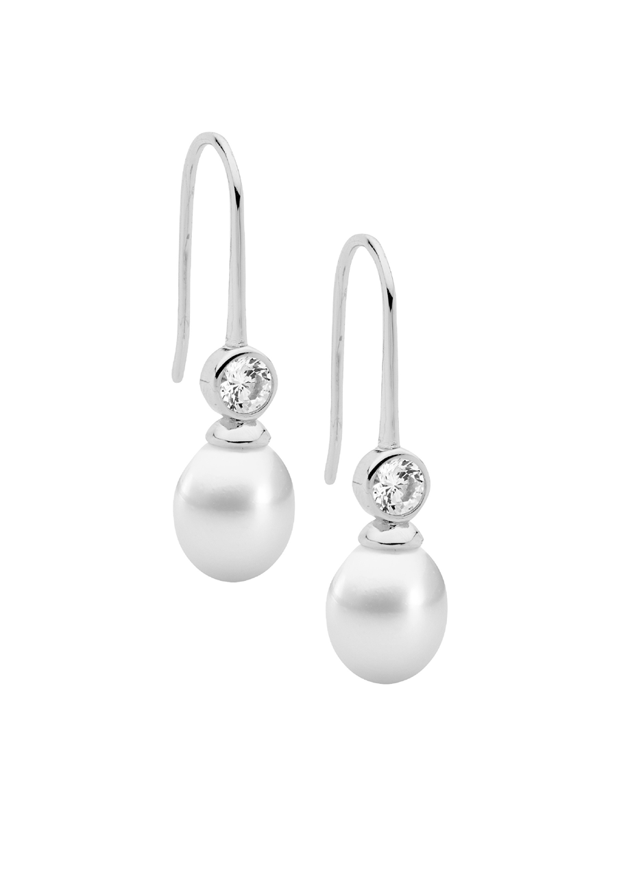 Ellani Sterling Silver Cubic Zirconia & Freshwater Pearl Hook Earrings