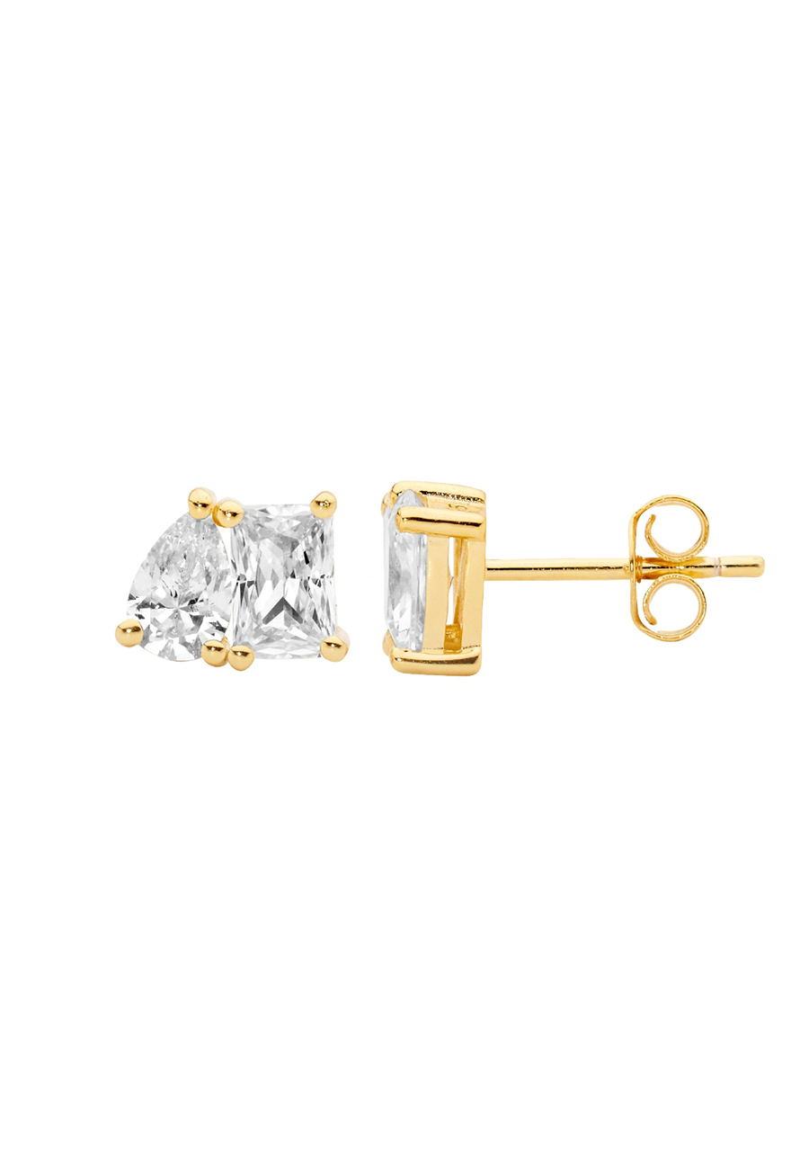 Ellani Yellow Gold Plated Emerald & Pear Cut Cubic Zirconia Stud Earrings