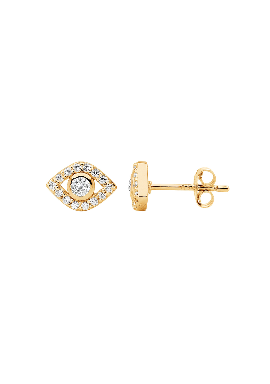 Ellani Yellow Gold Plated Evil Eye Stud Earrings with Cubic Zirconia