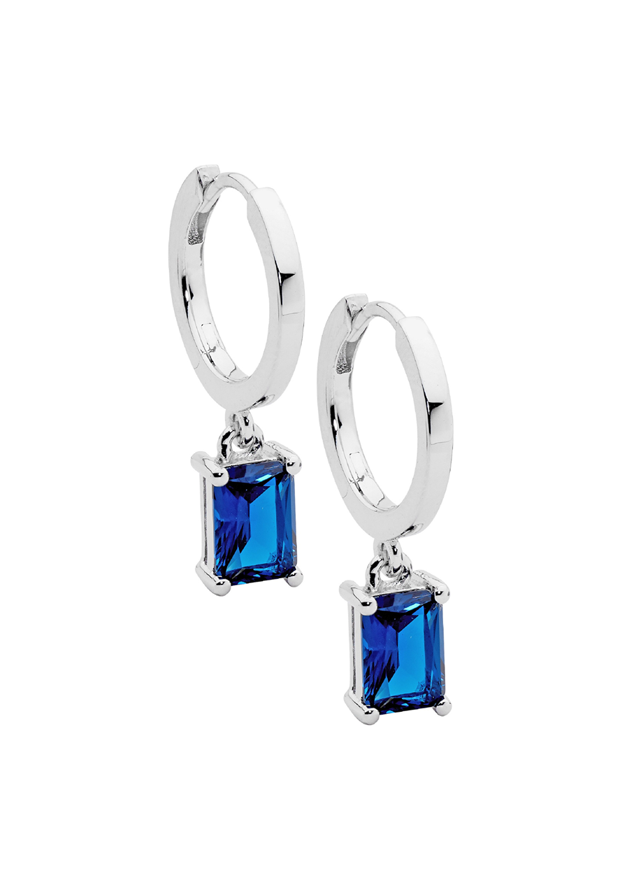Ellani Sterling Silver 13mm Huggie Earrings with Radiant Cut London Blue Cubic Zirconia Drop