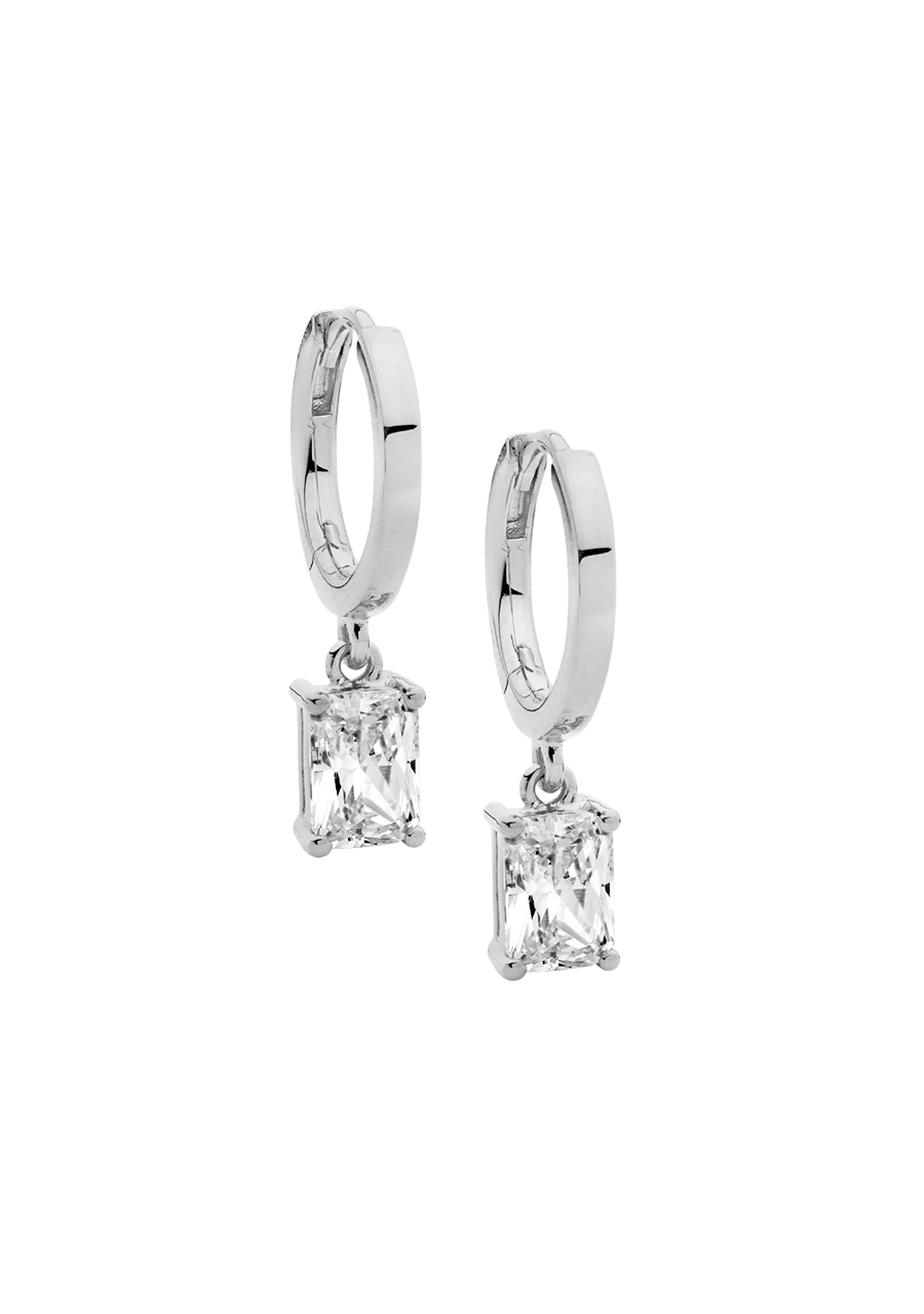 Ellani Sterling Silver 13mm Huggie Earrings with Radiant Cut White Cubic Zirconia Drop