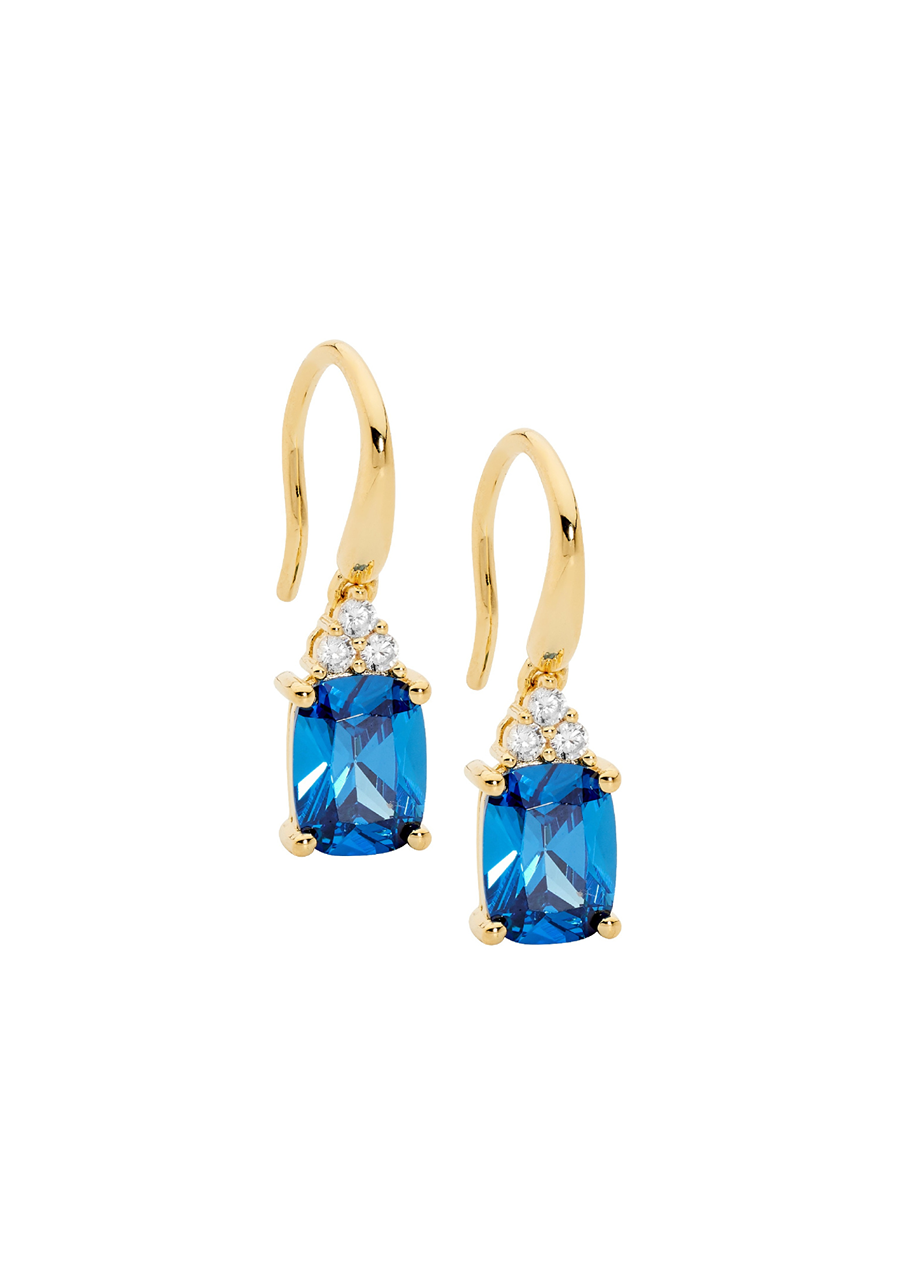 Ellani Gold Plated Cushion Cut Blue & White Cubic Zirconia Hook Earrings