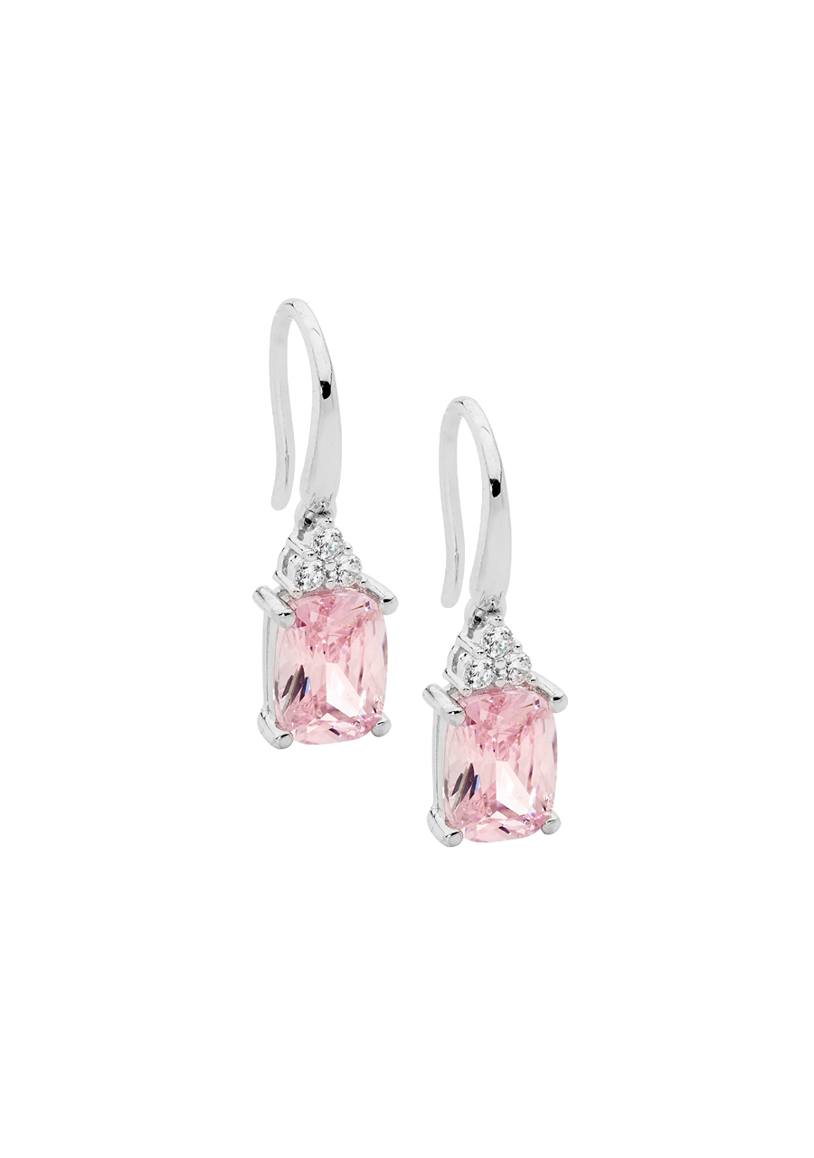 Ellani Sterling Silver Cushion Cut Light Pink & White Cubic Zirconia Hook Earrings