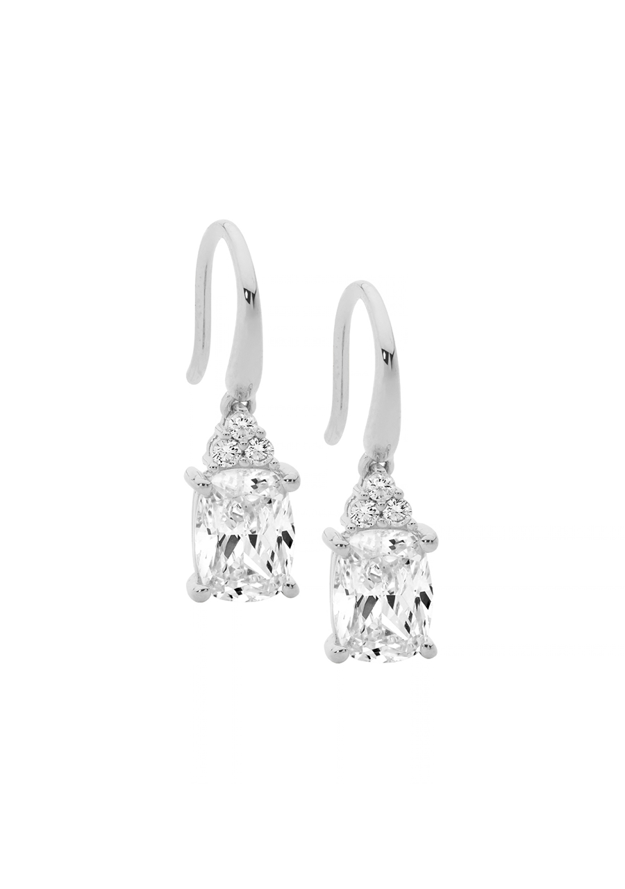 Ellani Sterling Silver Cushion Cut White Cubic Zirconia Hook Earrings