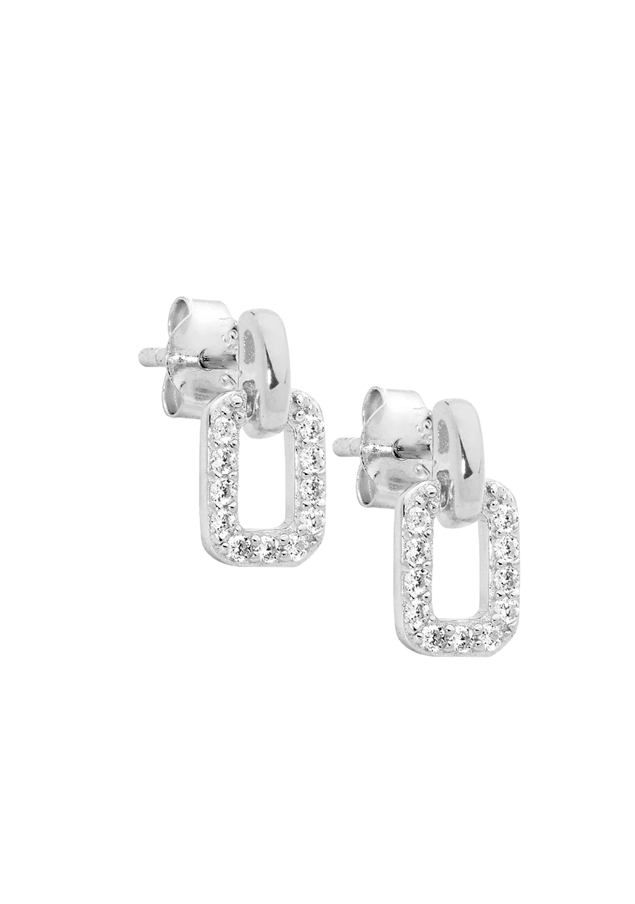 Ellani Sterling Silver Open Rectangle Cubic Zirconia Stud Earrings