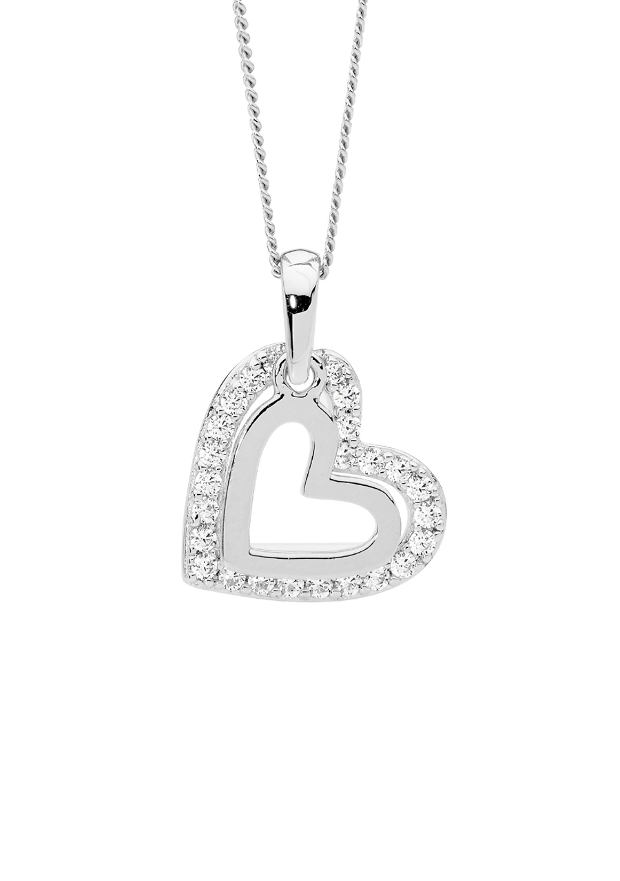 Ellani Sterling Silver 14mm White Cubic Zirconia Double Heart Pendant