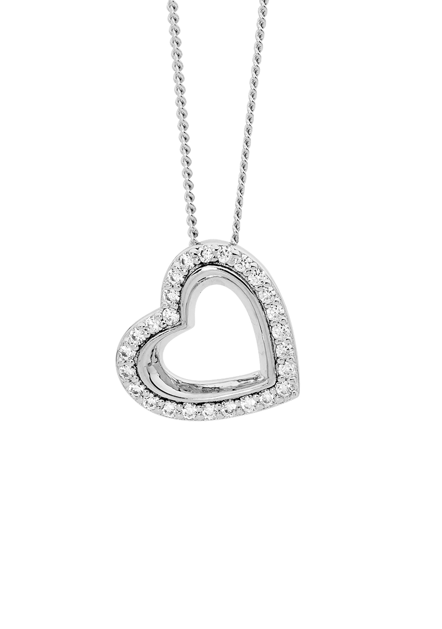 Ellani Sterling Silver Open Heart Angled Pendant with White Cubic Zirconia