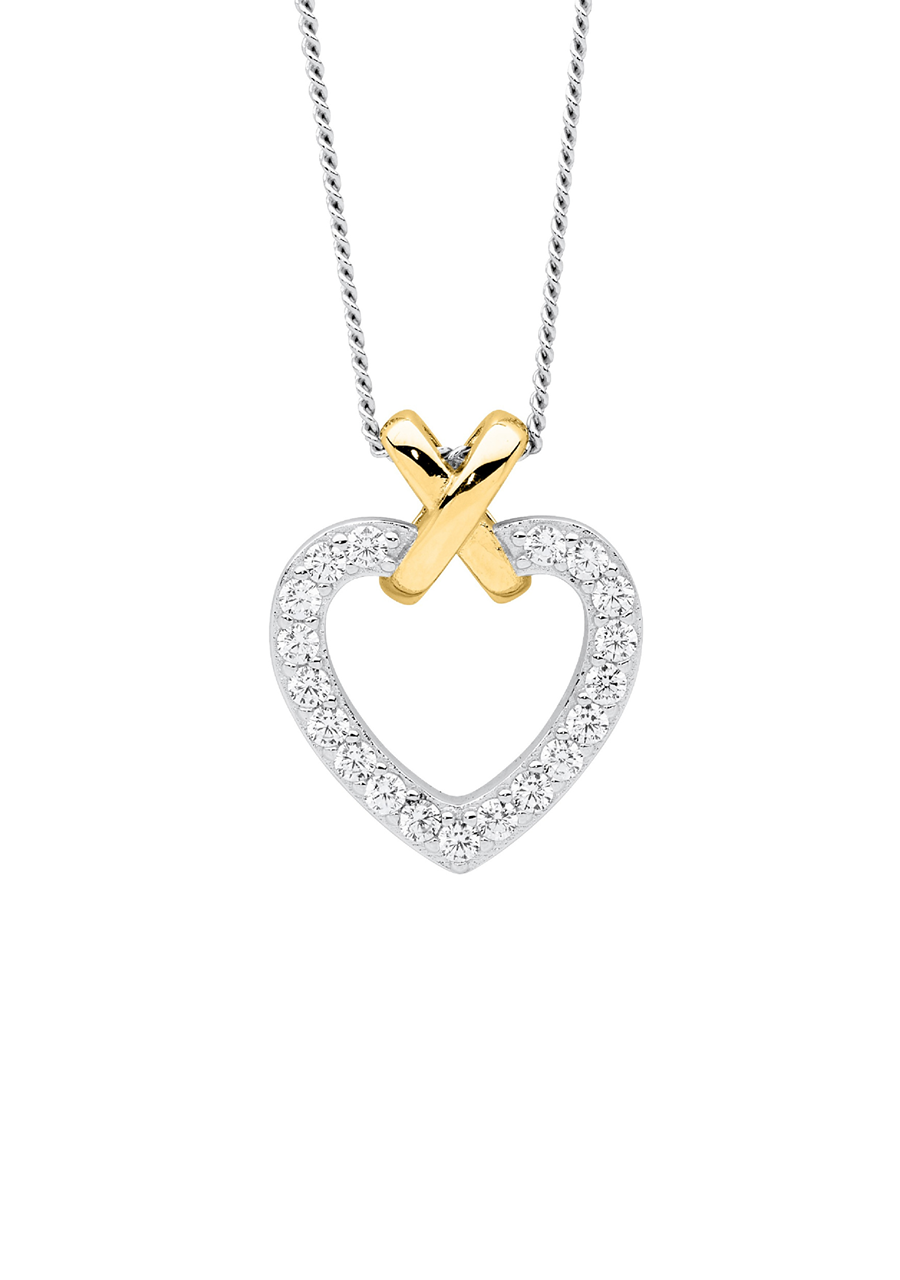 Ellani Sterling Silver & Gold Plated Heart 'X' Pendant with White Cubic Zirconia