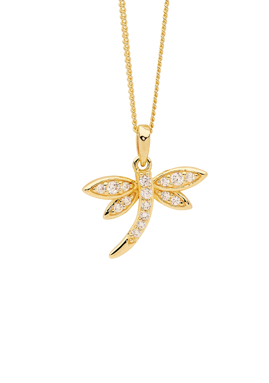 Ellani Gold Plated Dragonfly Pendant with White Cubic Zirconia