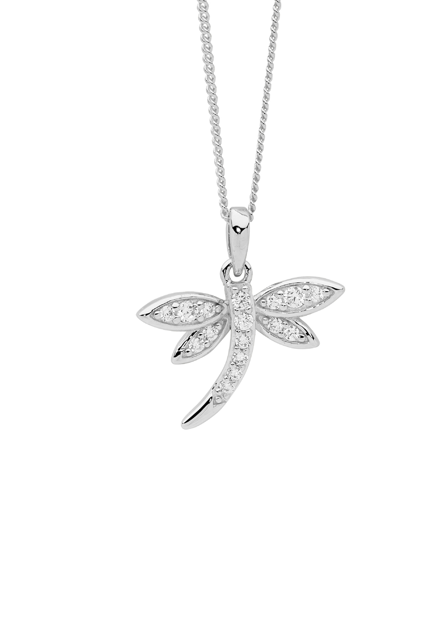 Ellani Sterling Silver Dragonfly Pendant with White Cubic Zirconia