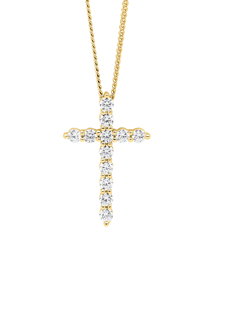 Ellani Gold Plated 19mm Slider Cross Pendant with White Cubic Zirconia