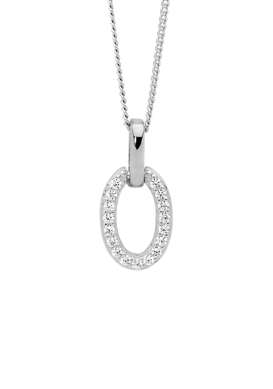 Ellani Sterling Silver Oval Pendant with White Cubic Zirconia
