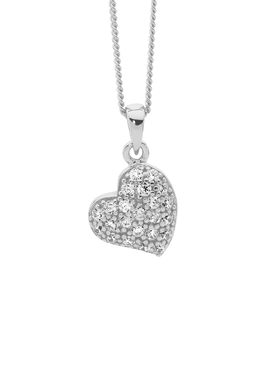 Ellani Sterling Silver 10mm Angled Pave Heart with White Cubic Zirconia Pendant